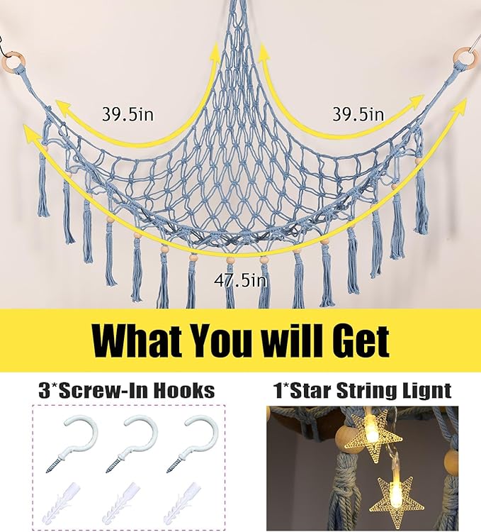 Stuffed Animal Toy Storage Hammock with LED Light-Macrame Jumbo Doll Room Organizer Mesh Decoration-Hanging Storage Nets Kids Bedroom(Blue Beads)