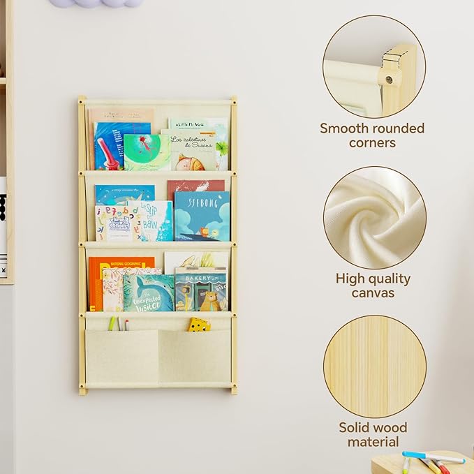 Wood 4-Tier Wall Mounted Kids Bookshelf – Floating Book Shelf For Kids Rooms,Nursery & Classroom, Hanging Bookcase Organizer For Books, Toddler Book Shelf, Montessori Bookshelf, Nursery Shelves
