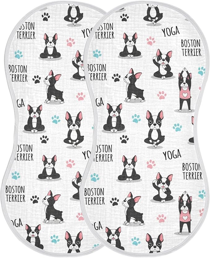 Qinllo 2 Pack Muslin Burp Cloths Dogs Yoga White Cotton Baby Burp Cloths Absorbent Burping Cloth Soft Spit Up Rags for Newborn Baby Boys Girls 22x11 Inch