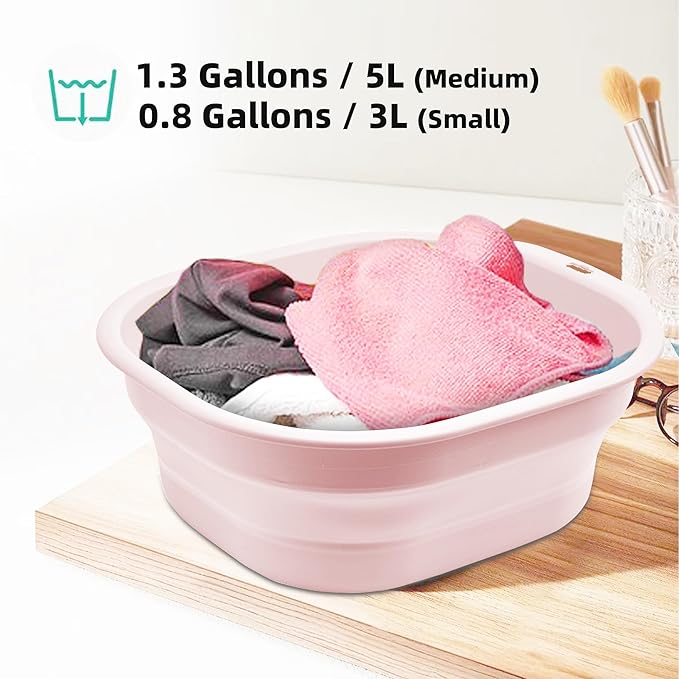 Bellglee 2 Pack Collapsible Wash Basin Set, Foldable Dish Tub, Small Medium Portable Sink for Kitchen, Camping, RV, Baby Bottles, Laundry, Plastic Washbasin -Pink