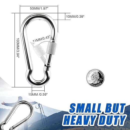 KINLINK 2 Pack Screw Locking Carabiner - 4.00 inch Heavy Duty Carabiner Clips, 304 Stainless Steel Large Caribiner for Camping, Swing, Hammock, Hiking, Weight Lifting Machine, Home Gym Equipment