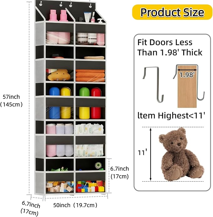 5 Tier Over the Door Organizer with 10 Clear Pockets & 10 Mesh Pockets - Extra Large Behind Door Storage for Closet, Nursery, Bedroom, Pantry | Diaper & Toy Organizer (Black)