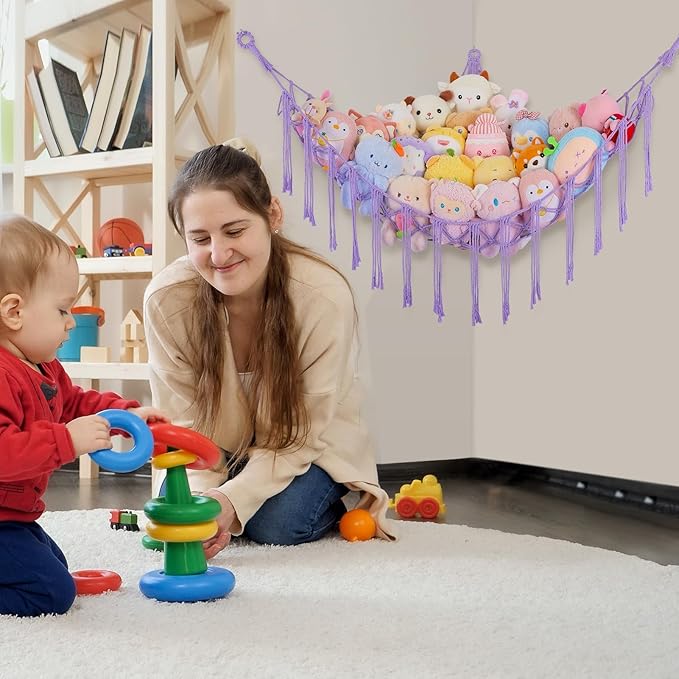 Basumee Stuffed Animals Net or Hammock with LED Light, Hanging Stuffed Animals Storage Toy Hammock Net Corner Wall Girls Room Decor Toy Storage Organizer, Purple, L