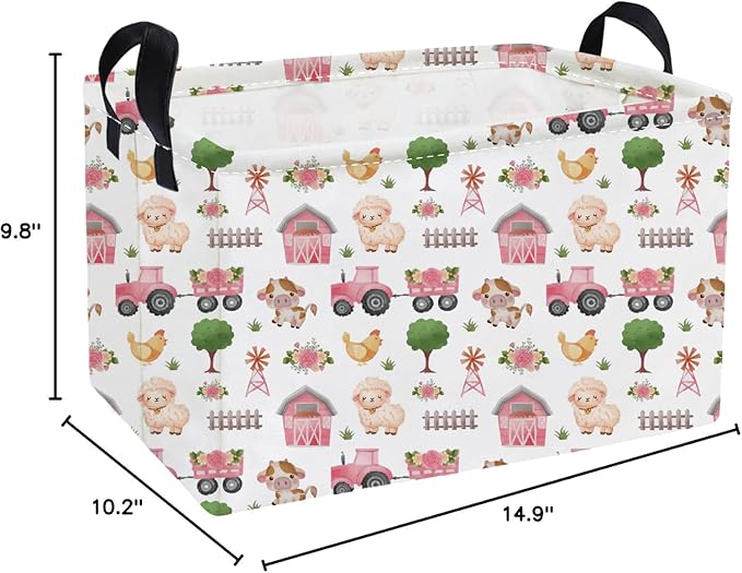Essme Rectangular Kids Baskets,Pink Storage Basket with Handles for Girls Room Decor, Farm Box,Cute Storage Bin（Pink Farm）