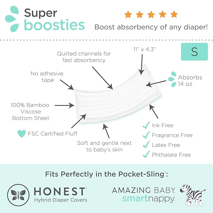 Overnight Diaper Leak Stopper, Super Boosties Disposable Inserts, Use with Pampers Sizes 2-6, Honest Hybrid Diaper Cover Sz Small, Amazing Baby Cover Sz 2, Pocket-Sling Compatible, 4.3x11 in, 32 count