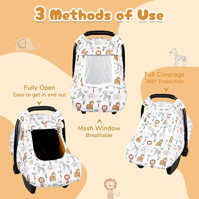 Baby Car Seat Cover, Windproof Carseat Cover for Infant Girls, Infant Warm Carseat Canopy with Double Layer Fabric for Winter, Compatible with Most Baby Car Seat, Animals