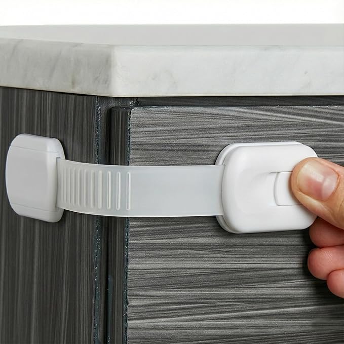 Child Safety Strap Locks (4 Pack) Baby Locks for Cabinets and Drawers, Toilet, Fridge & More. 3M Adhesive Pads. Easy Installation, No Drilling Required, White