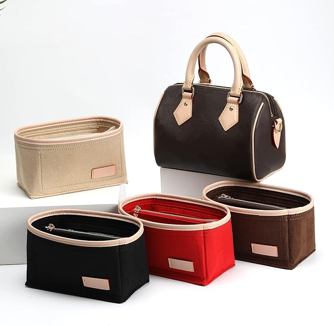 Doxo Purse Organizer Insert & Base Shaper 2pc Set, Felt Handbag Bag Fit LV Speedy Neverfull (L-Black)