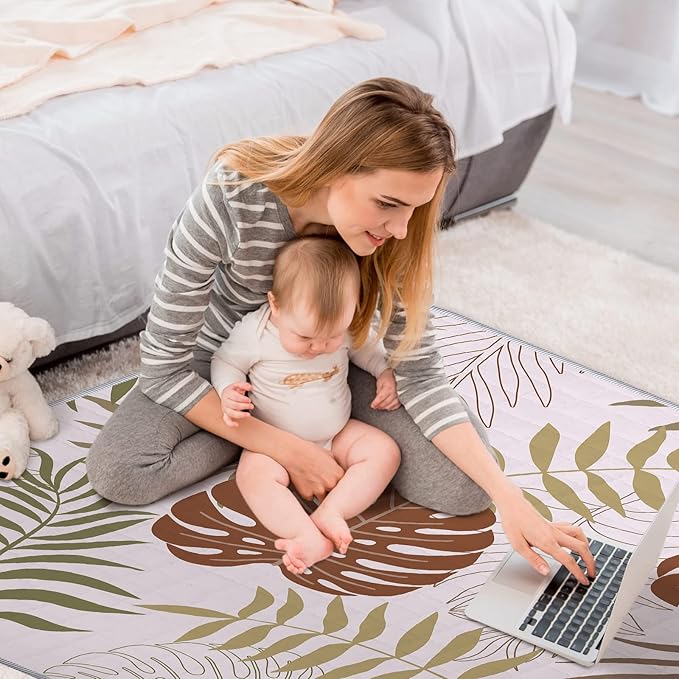 Funtery 43 x 43 Inch Boho Baby Play Mat Portable Crawling Washable Foldable Tummy Time Non Slip Baby Floor Large Playpen Mat for Infants Toddlers Floor Playpen Activity(Plant Theme)