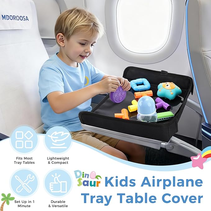 COOLBEBE Airplane Tray Table Cover, Foldable Travel Tray Cover for Toddlers 1-3, Universal Fit for Airplane, Car Seat, High Chair, Machine Washable, Portable, Black