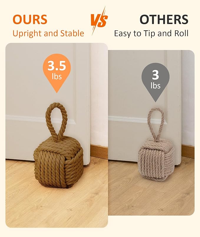 Decorative Door Stoppers - Cute Rope Knot Design, Heavy Duty Weighted Doorstop with Inside Mount for Home & School, Khaki