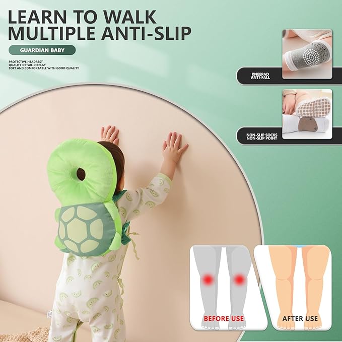 WKC Baby Head Protector Backpack with Knee Pads & Non-Slip Socks, Toddler Safety for Crawling & Walking (Style 2)