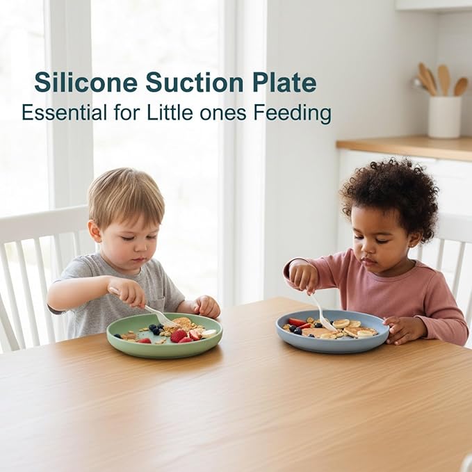 Classic Toddler Plates with Suction 2 Pcs, BPA Free Silicone Baby Suction Plates, Stick Dinner Dishes for Baby Toddler Kids, Dishwasher Safe, Stackable