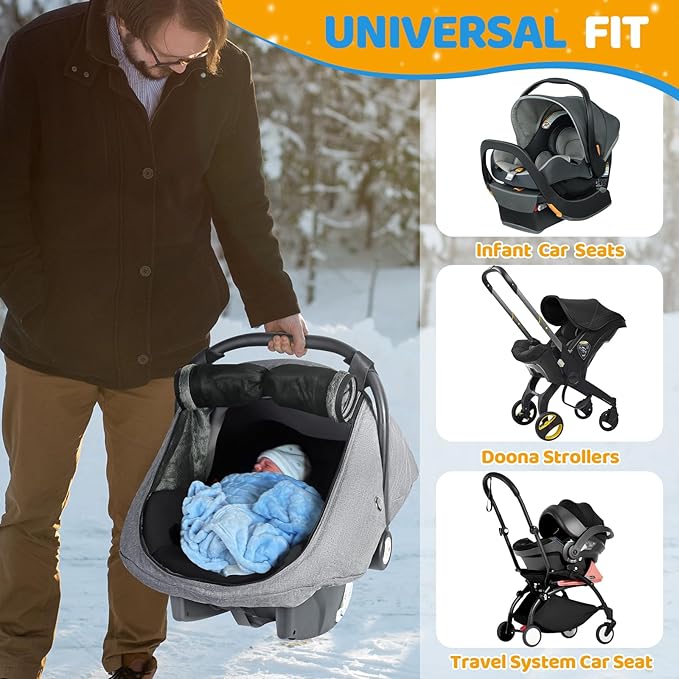 IvyWind Baby Car Seat Cover, Universal Winter Carseat Cover for Babies with Breathable Mesh Window, Cozy and Warm Infant Car Seat Covers for Cold Weather, Kick-Proof Carseat Canopy, Light Gray