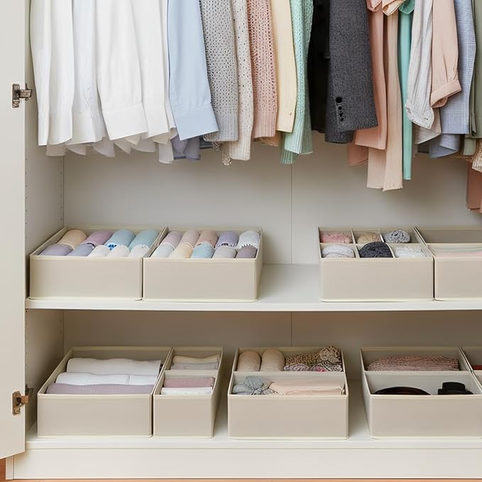 4-Pack Drawer Organizer Set - Foldable Fabric Storage Bins with Zipper Bottom for Underwear, Socks, Bras & Baby Clothes - 11"x11"x4.8" Large & 11"x5.5"x4.8" Small Bins, Grey