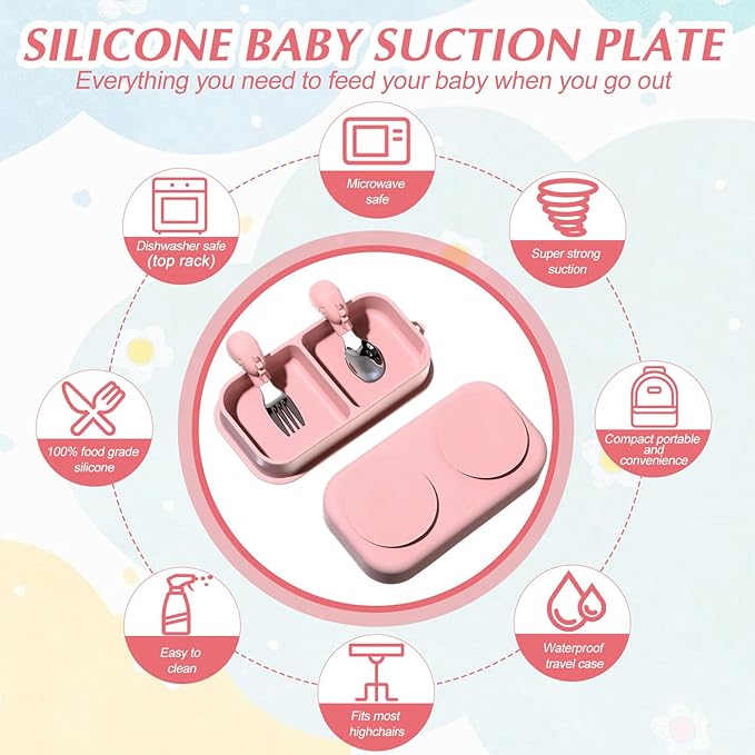 Uiifan 2 Pack Baby Suction Plate Set Silicone Suction Plate with Lid Divided Bowls for Portable Toddler Utensils Compact for Self Feeding Baby Travel Essential(Gray, Pink)