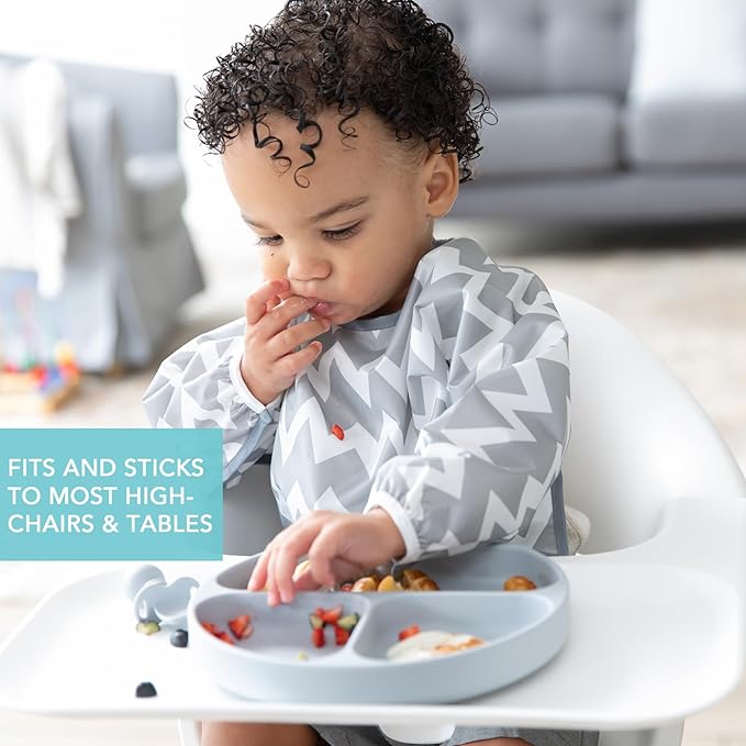 Bumkins Toddler and Baby Suction Plate, Silicone Divided Grip Dish for Babies and Kids, Baby Led Weaning, Children Feeding Supplies, Non Skid Bottom, Platinum Silicone, 6 Months Up, Gray and Sage