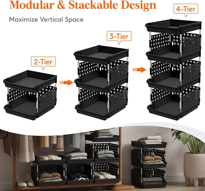Lifewit Plastic Stackable Storage Baskets, 3 Tier Stacking Bins for Food and Clothes, Multifunctional Organizer for RV, Kitchen, Playroom, Pantry, Black, 35 x 30 x 50 cm/14 x 12 x 20 inch, 2 Pack