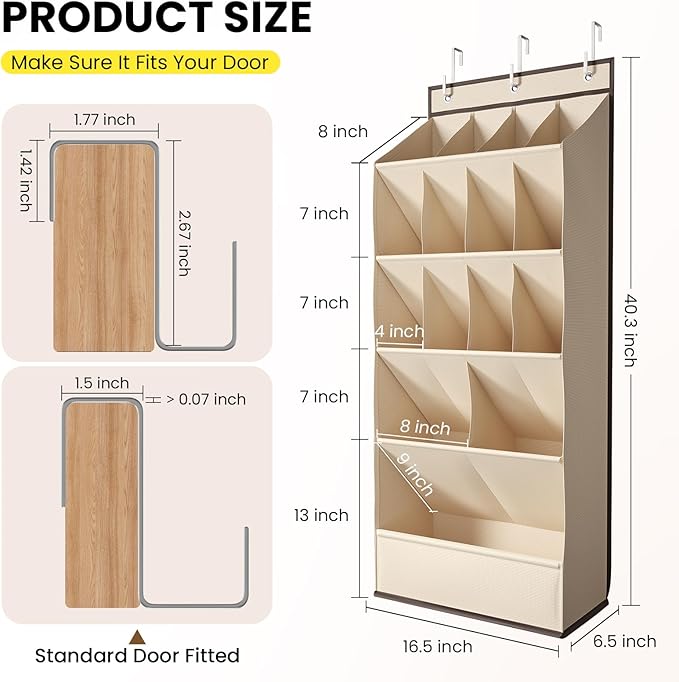 Mefirt Over the Door Shoe Rack with Large Deep Pockets, Door Shoes Organizer for Closet, Hanging Boots Shoe Rack, Behind the Door Narrow Shoe Holder, Multiple Pockets for Flexible Storage, Beige ﻿