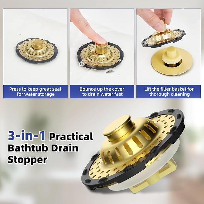 Universal Bathtub Drain Stopper Shower Drain Hair Catcher, Tub Stopper with Visible Top Strainer, Upgraded 3 in 1 Pop-up Drain Plug Fit for 1.5 to 2.4" Hole, Stainless Filter Basket, Brushed Gold