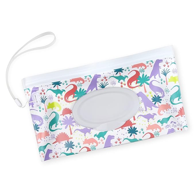 Itzy Ritzy Travel Wipes Case - Reusable Wipe Pouch – Take & Travel Pouch Holds Up to 30 Wet Wipes, Includes Silicone Wristlet Strap, Darling Dinosaurs