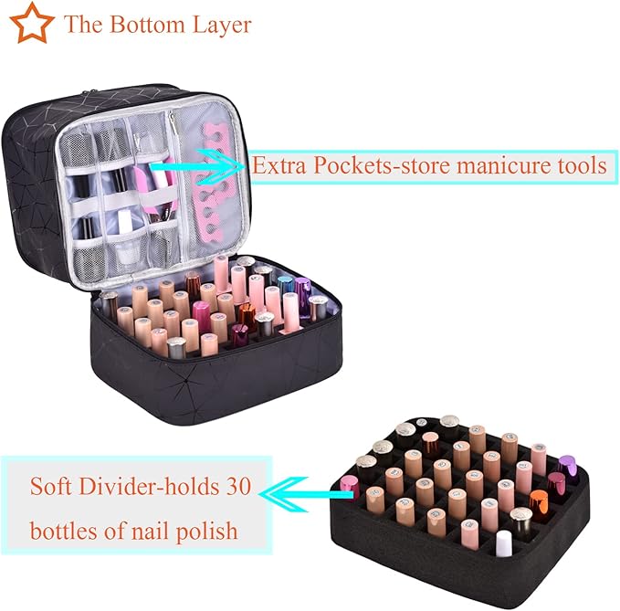 CTWWFS PU Leather Nail Polish Organizer and Nail Lamp Case, Nail Kit Organizer Holds 30+ Bottles (15ml - 0.5 fl.oz) and a Nail Lamp, Nail Polish Carrying Case with Manicure Tools Storage Sections