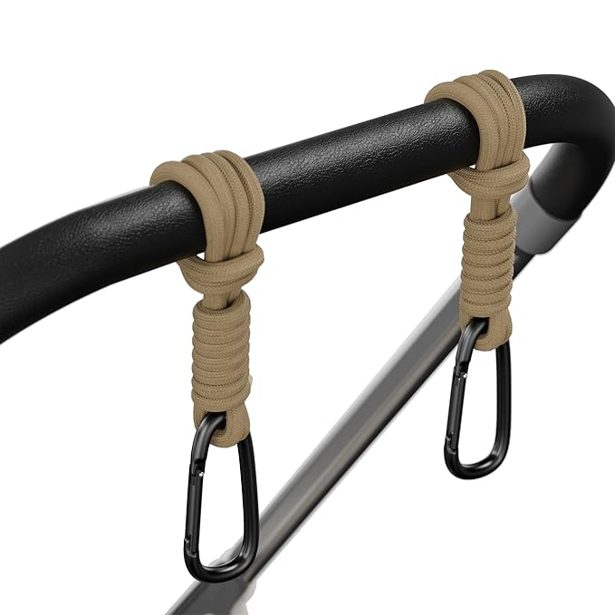 iBestgol Baby Stroller Hooks, Universal Clips for Diaper and Mommy Bags, Heavy-Duty Hangers with Straps, Practical Stroller Accessory for Moms, Brown-2pc
