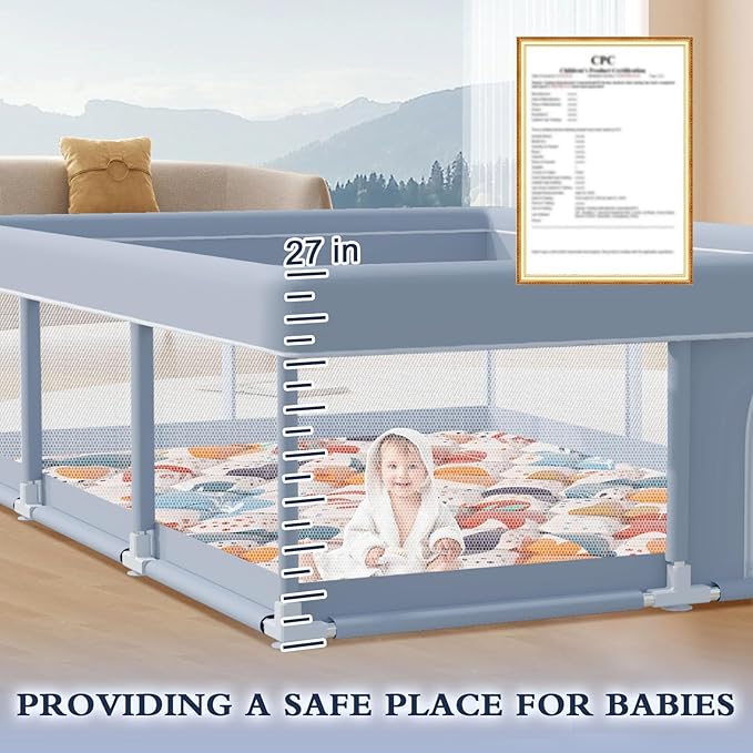 74 x 50 Inch Baby Playpen with Mat, Playpen for Babies and Toddlers, Baby Playard for Indoor & Outdoor Active Center Game Fence, with Skin-Friendly Fabric and Soft Breathable Mesh, Grey