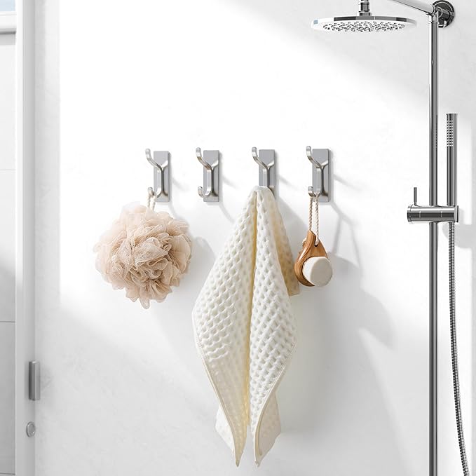 pickpiff Adhesive Wall Coat Hooks - Heavy Duty Stick-On Door Hanger, Metal Hook for Hanging Towel,Purse, Robe, Backpack, Jacket, Clothes - for Bathroom,Dorm, Closet, Kitchen - Brushed Silver, 10 Pack