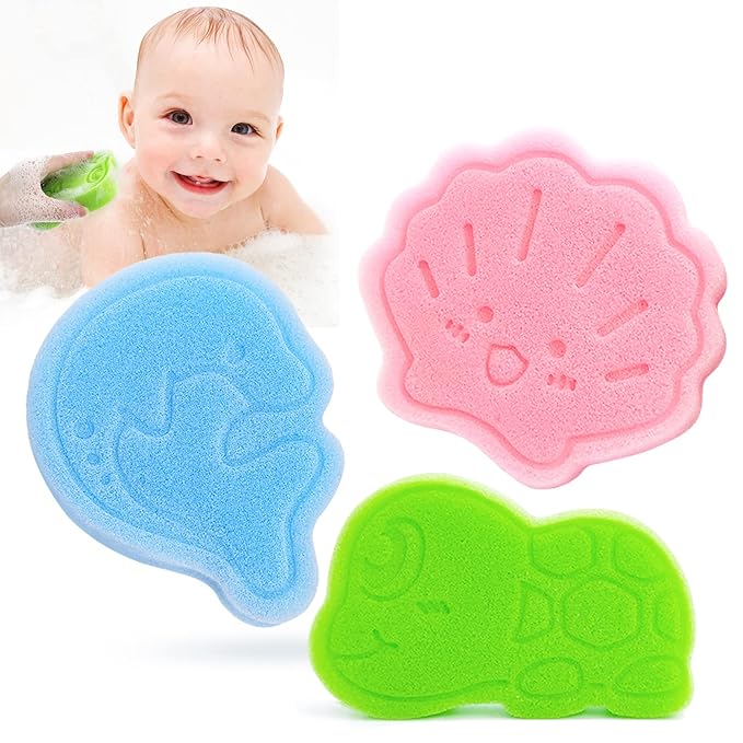 DANCELF Baby Bath Sponge, Natural Cute Shapes Soft Shower Sponges for Bathing, Bathtub Foam for Infants and Toddler, 3pcs : Blue Dolphin, Pink Shell, Green Turtle