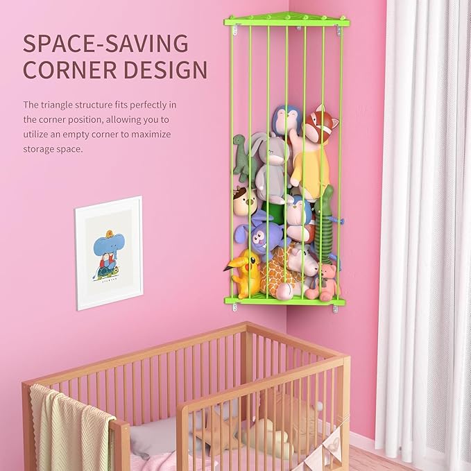 Stuffed Animal Storage Corner - Large Stuffed Animal Holder with Length Adjustable - Plush Storage Hanging Stuffed Animal Net for Wall(Green)