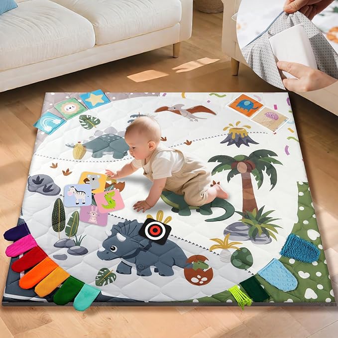 Premium Foam Baby Play Mat 50x50, 4 Developmental Zones Play Mat with Removable & Machine Washable Cover, Extra Thick Padding Playpen Mat, Easy to Clean for Infants, Toddlers & Babies