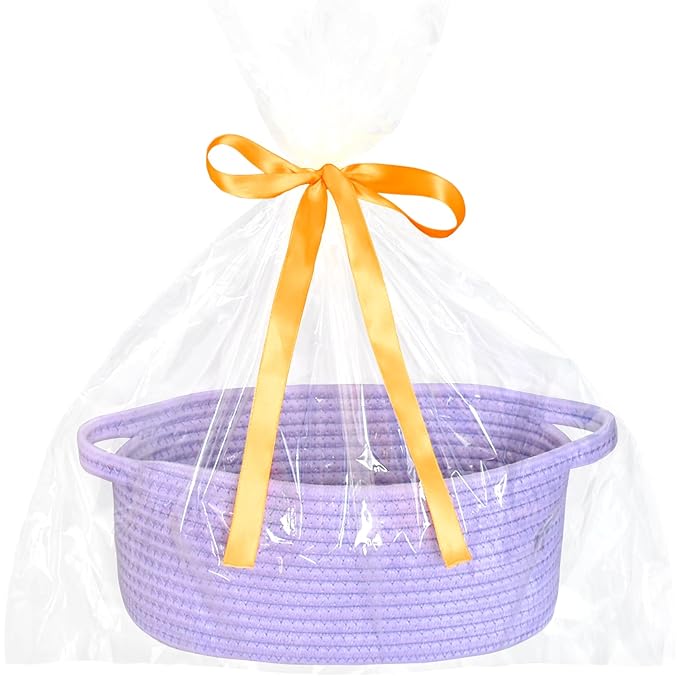 ABenkle Small Basket with Gift Bags and Ribbons, Empty Gift Baskets for Mother's Day, Decorative Boho Rope Woven Nursery Storage Organizer Toy Baskets with Handle for Baby Showers, 12"X 8" X 5"