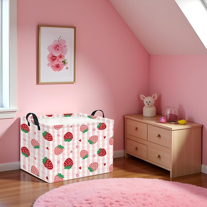 TIBAOLOVER Rectangular Kids Storage Basket Boys for Home Kitchen Girls Cute Storage Bin Organizer Shelf Book Room Decor(Stawberry)