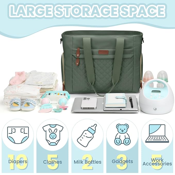 Pritent Diaper Bag Tote for Working Mom, Large Travel Diaper Tote for Mom and Dad with 14 Inch Laptop Sleeve, Mommy Maternity Travel Baby Bag for Boys and Girls, Green