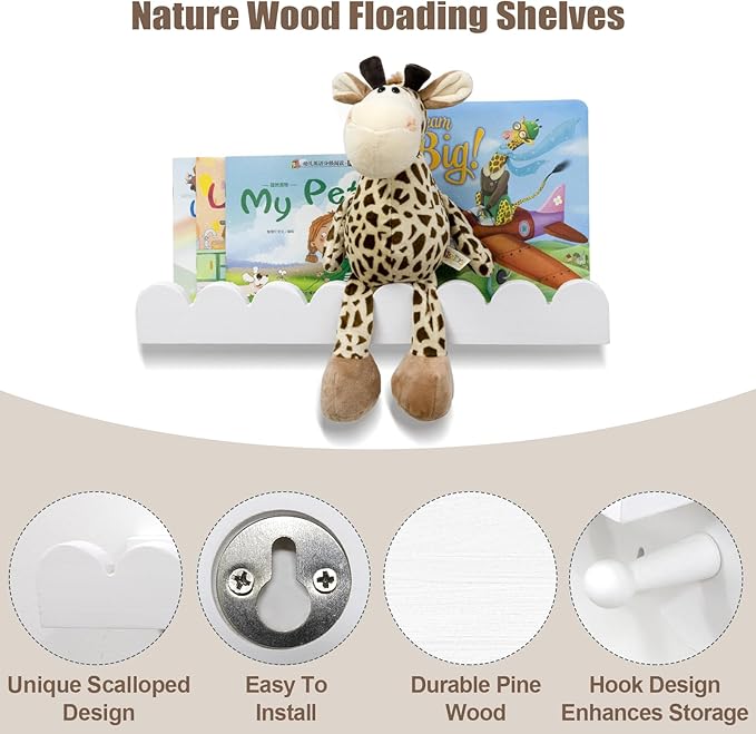 Wall Book Shelves for Bedroom Kids with Hooks - Scalloped Shelves for Nursery Set of 3, Nursery Bookshelf for Wall Room Decor, 16 Inch