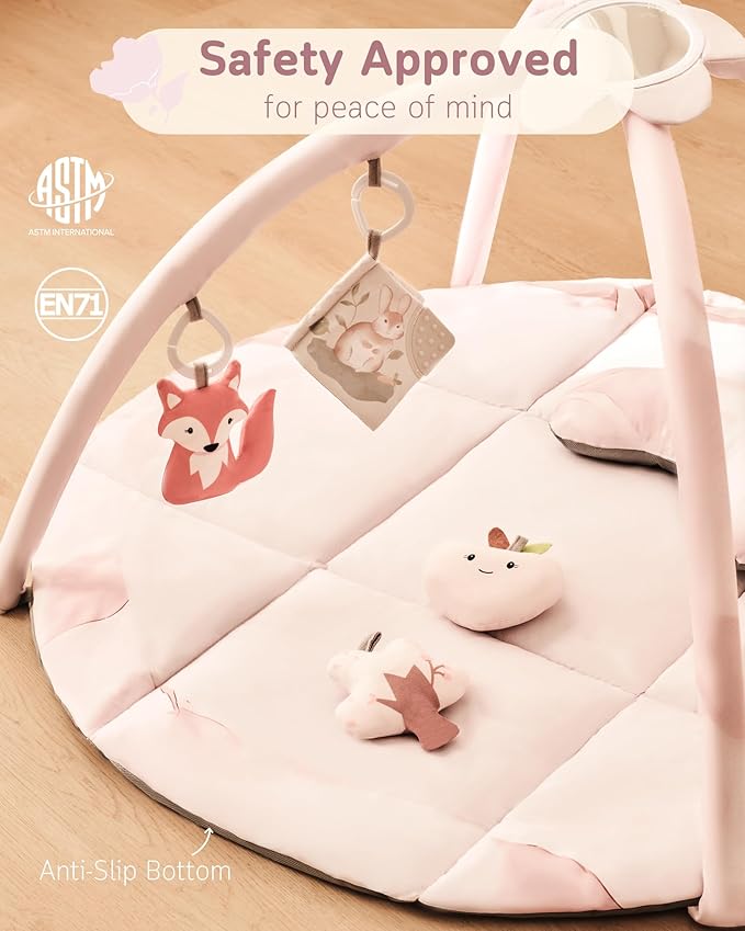 Fortella Baby Play Gym & Activity Mat, Machine Washable & Foldable Tummy Time Mat with 5 Detachable Toys, Certified Safe Newborn Essentials Gift for Baby Registry 0-12 Months (Rose Pink)