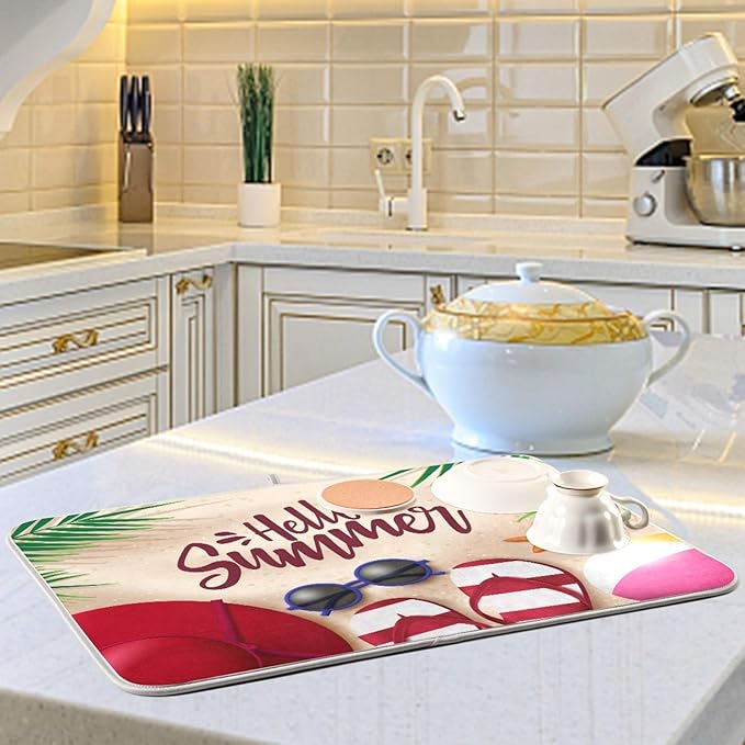 Hello Summer Dish Drying Mat for Kitchen Counter 16x18 in, Flip Flop Tableware Bottle Dryer Rack Mats for Kitchen Sink