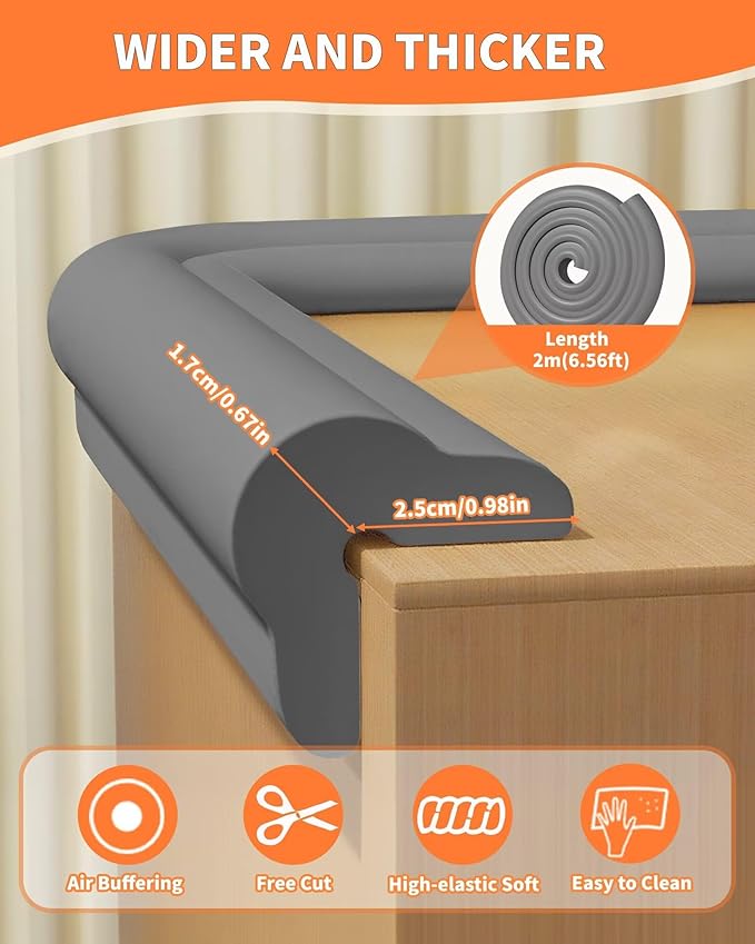 QYV Edge Protector for Baby Proofing, 6.6FT 0.67’’Th L-Shape Air Buffering Soft NBR Rubber Foam Furniture Edge Bumper Guards with 6 Corners, Pre-Taped, Thick Table Bumper Guard for Babies (Grey)