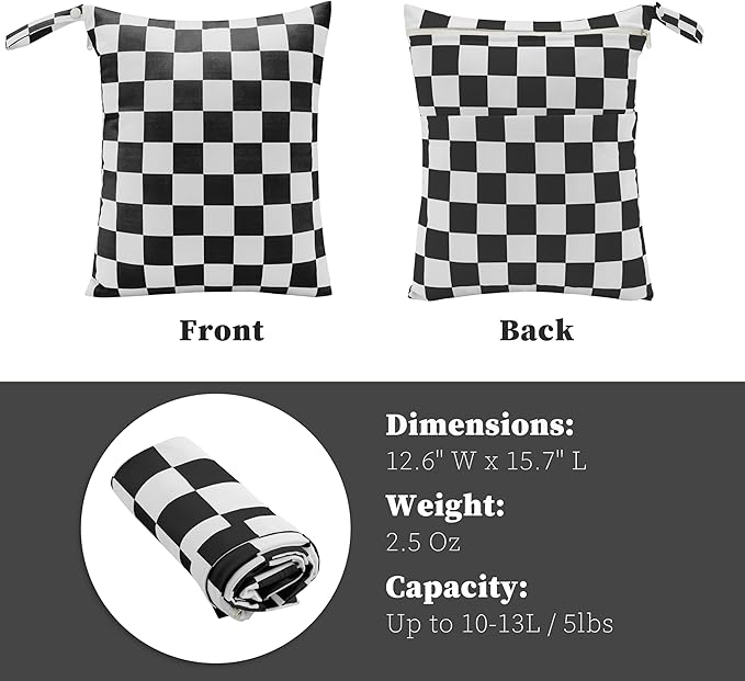 Ohocut Black Checkered Waterproof Wet Dy Diaper Bag for Baby Essentials, Travel, Swimsuit, Beach Bag Accessories, Aesthetic Trendy Cute Toddler Baby Cloth Bag Pouch, Pack of 2