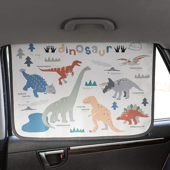 BEBEDECO Magnetic Car Sun Shade Curtain for Side Window – Sun Blocker and UV Protector for Baby, Kids, and Pets – Universal Fit with Built-in Magnets for Steel-Framed Door (Dinosaur)