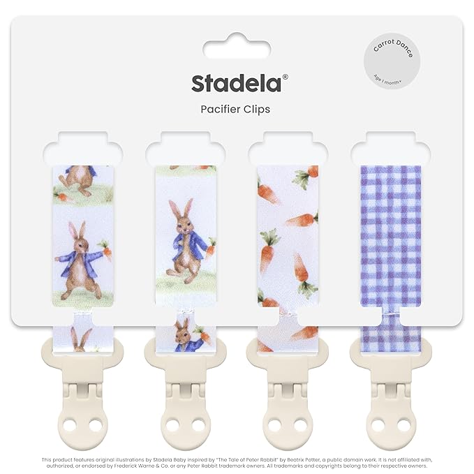 Stadela Baby Pacifier Clip Holder - Boy and Girl Unisex 4 Pack Gift Set – Neutral Vintage Rabbits and Carrots Beige Blue Brown Peter