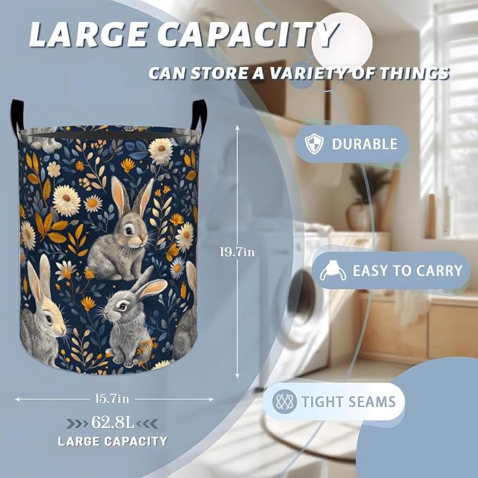 Cute Rabbit White Daisy with Leaves Laundry Basket with Handles, 19.7"x15.7" Clothes Foldable Laundry Hamper Organizer for Dorm Nursery Bedroom Bathroom Decor, Toy Storage Bin for Kids