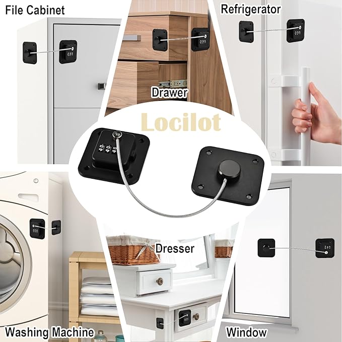 Locilot 3 Pack Fridge Lock for Kids, Traceless Refrigerator Lock for Adults, Child Proof Cabinet Locks Baby Proofing, Drawer Freezer Locks for Fridge Refrigerator (Black)