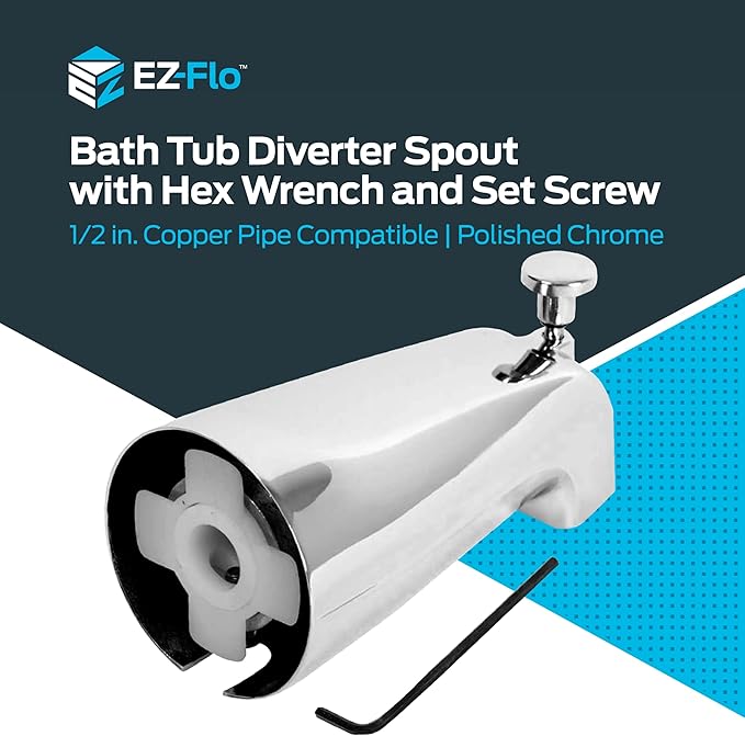 EZ-FLO 5-3/8 Inch Slide-On Zinc Bath Tub Diverter Spout with Hex Wrench and Set Screw, 1/2-inch Copper Pipe, Chrome, 15089