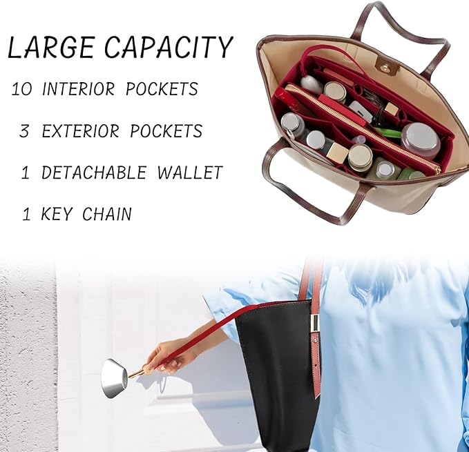 Purse Organizer Insert with Zipper Felt Bag Organizer Handbag Organizer Insert Bag in Bag Organizer with Key Chain for Tote Purse Bag Dark Red X-Large