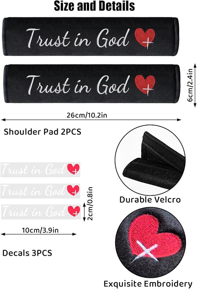 2 Pack Car Seat Belt Cover Pad with 3 PCS Trust in God Rearview Mirror Stickers,Soft Seatbelt Cushion Covers, Christian Car Accessories Gifts for Women and Men