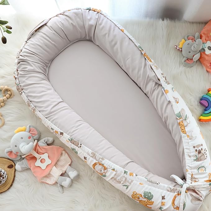 Jundetye Baby Lounger Cover for Boys Girls, Reversible Baby Nest Cover, Adjustable Baby Lounger Replaceable Cover for Infant Newborn, Portable and Machine Washable, Cotton Gray Elephant Cover Only