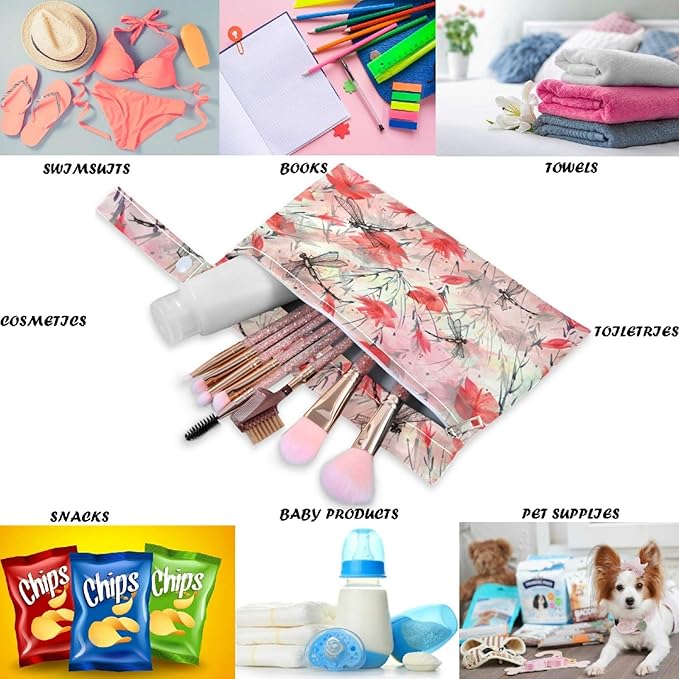 visesunny Red Poppy Peony Splash 2Pcs Wet Bag with Zippered Pockets Washable Reusable Roomy for Travel,Beach,Pool,Daycare,Stroller,Diapers,Dirty Gym Clothes, Wet Swimsuits, Toiletries
