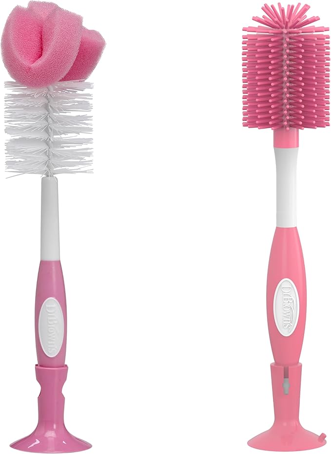 Dr. Brown's Reusable Sponge Baby Bottle Cleaning Brush + Soft Touch Bottle Brush, BPA-Free, Pink, 2-Pack